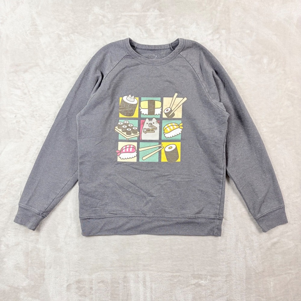 Pusheen the Cat Sushi Graphic Sweatshirt Gray Raglan Pullover Womens M Anime